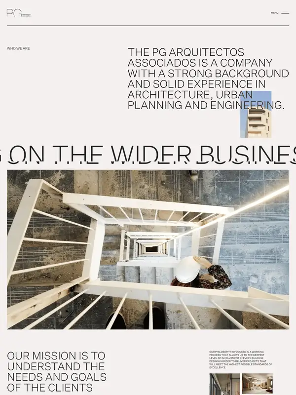 Страница о компании PG Arquitectos, тематика — Строительство, цвета — Белый, Черный, Серый, стиль — Корпоративный, Минимализм, типографика — Без засечек