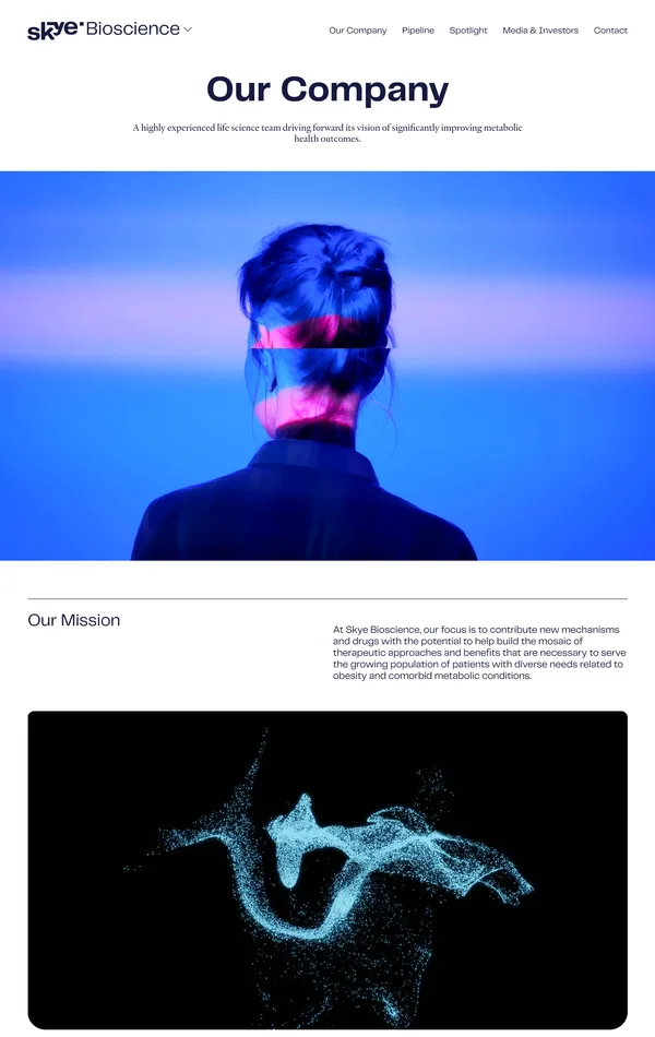 Страница о компании Skye Bioscience, тематика — Здоровье и фитнес, цвета — Белый, Черный, Синий, стиль — Корпоративный, типографика — Без засечек
