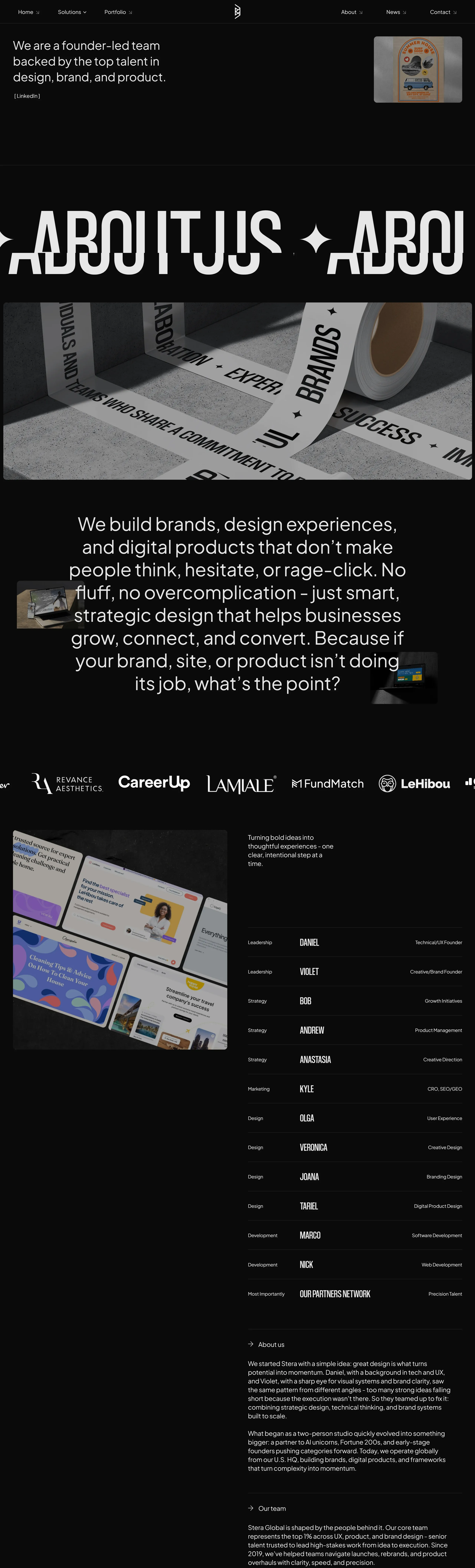 Страница о компании Stera Global, тематика — Дизайн, Агентство , цвета — Черный, Серый, стиль — Корпоративный, Минимализм, Типографика, типографика — Без засечек, Декоративные