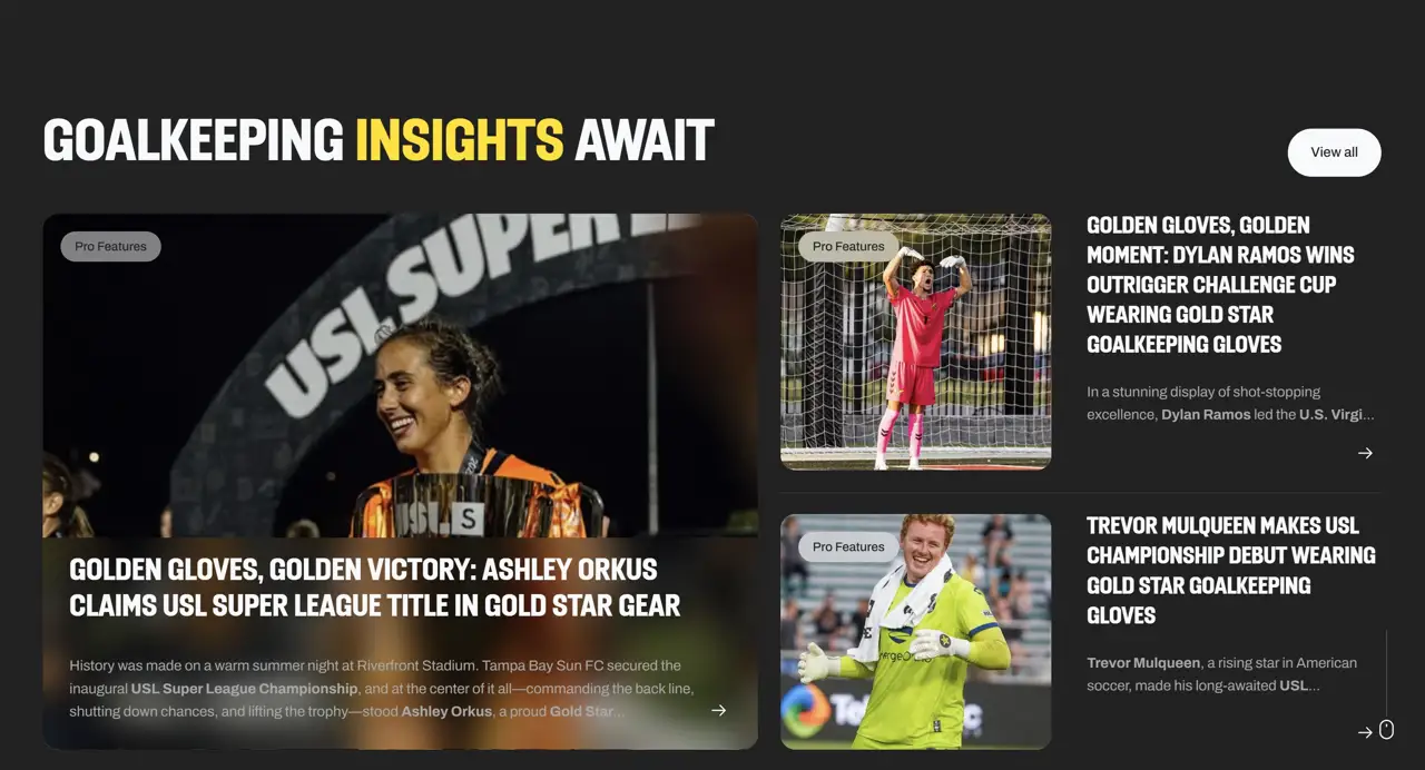 Секция «Контент» с сайта https://www.goldstargoalkeeping.com/, тематика — Интернет-магазин, цвета — Черный, Серый, стиль — Карточный, типографика — Без засечек, Декоративные