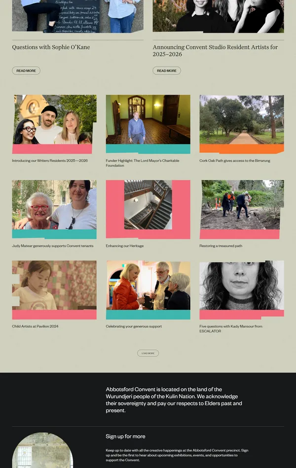 Новости Abbotsford Convent, тематика — Мероприятия, цвета — Белый, Черный, Серый, стиль — Минимализм, типографика — Без засечек