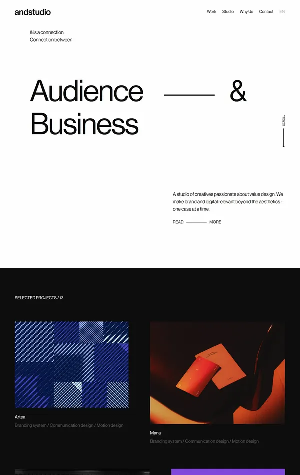 Портфолио Andstudio, тематика — Дизайн, цвета — Белый, Черный, Серый, стиль — Минимализм, Типографика, типографика — Без засечек