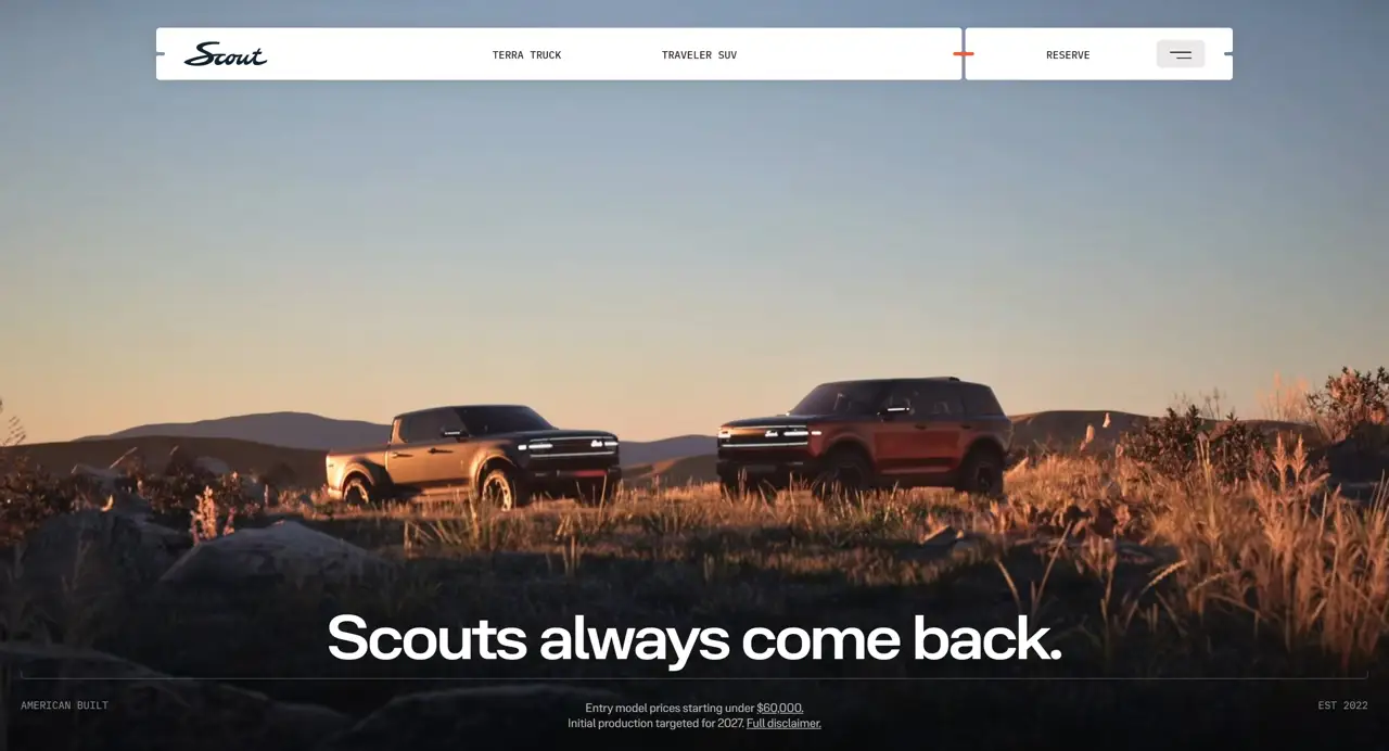 Секция «Первый экран» с сайта https://www.scoutmotors.com/, тематика — Другое, цвета — Белый, Черный, Серый, стиль — Минимализм, Органический и природный, типографика — Без засечек, Рукописные