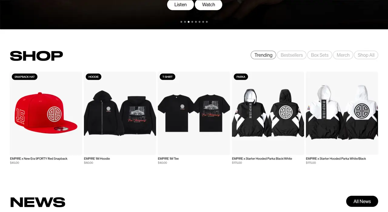 Секция «Товары» с сайта https://empi.re/, тематика — Музыка, цвета — Белый, Черный, Серый, стиль — Карточный, Минимализм, типографика — Без засечек