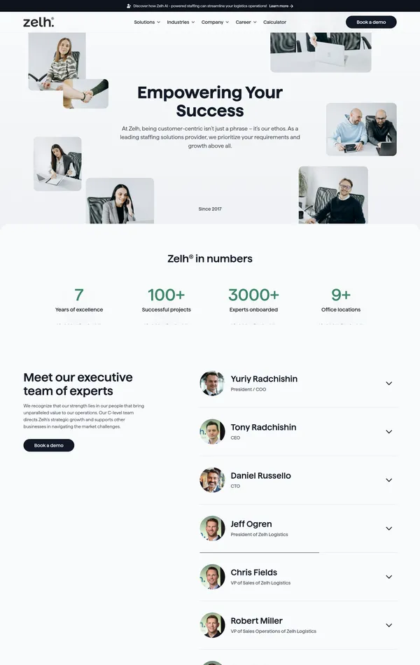 Страница о компании Zelh, тематика — Бизнес и профессиональные услуги, цвета — Белый, Серый, стиль — Корпоративный, Минимализм, типографика — Без засечек