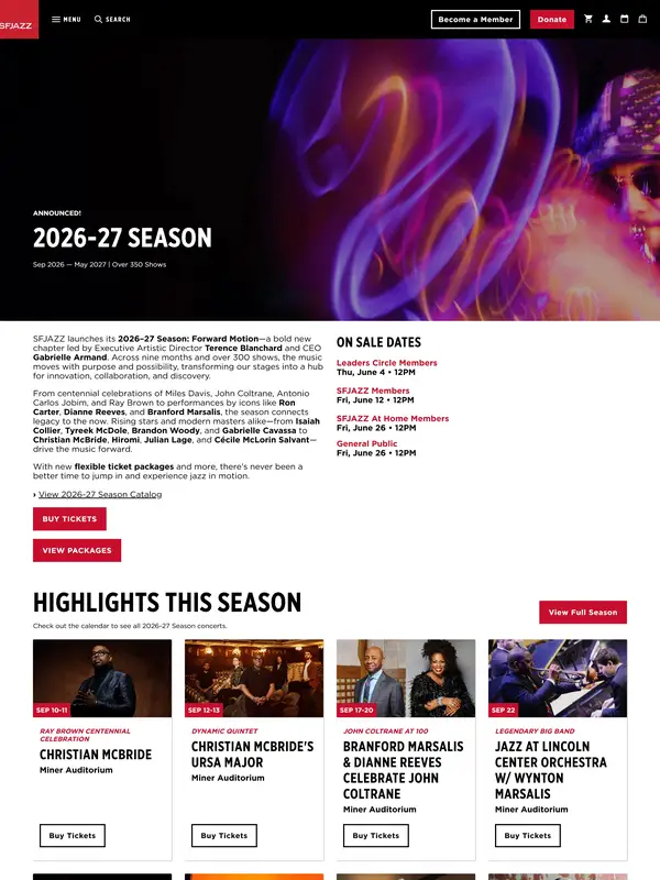 Каталог SFJAZZ, тематика — Некоммерческая деятельность, цвета — Белый, Черный, Серый, стиль — Карточный, типографика — Без засечек