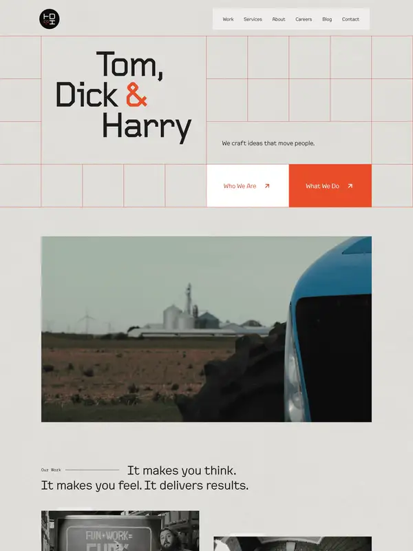 Главная Tom, Dick & Harry, тематика — Агентство , цвета — Белый, Черный, Серый, стиль — Минимализм, Брутализм, типографика — Без засечек, Декоративные