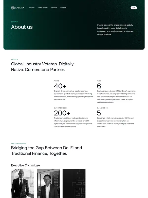 Страница о компании Enigma Securities, тематика — Крипто  и блокчейн, цвета — Белый, Черный, стиль — Корпоративный, Минимализм, типографика — Без засечек
