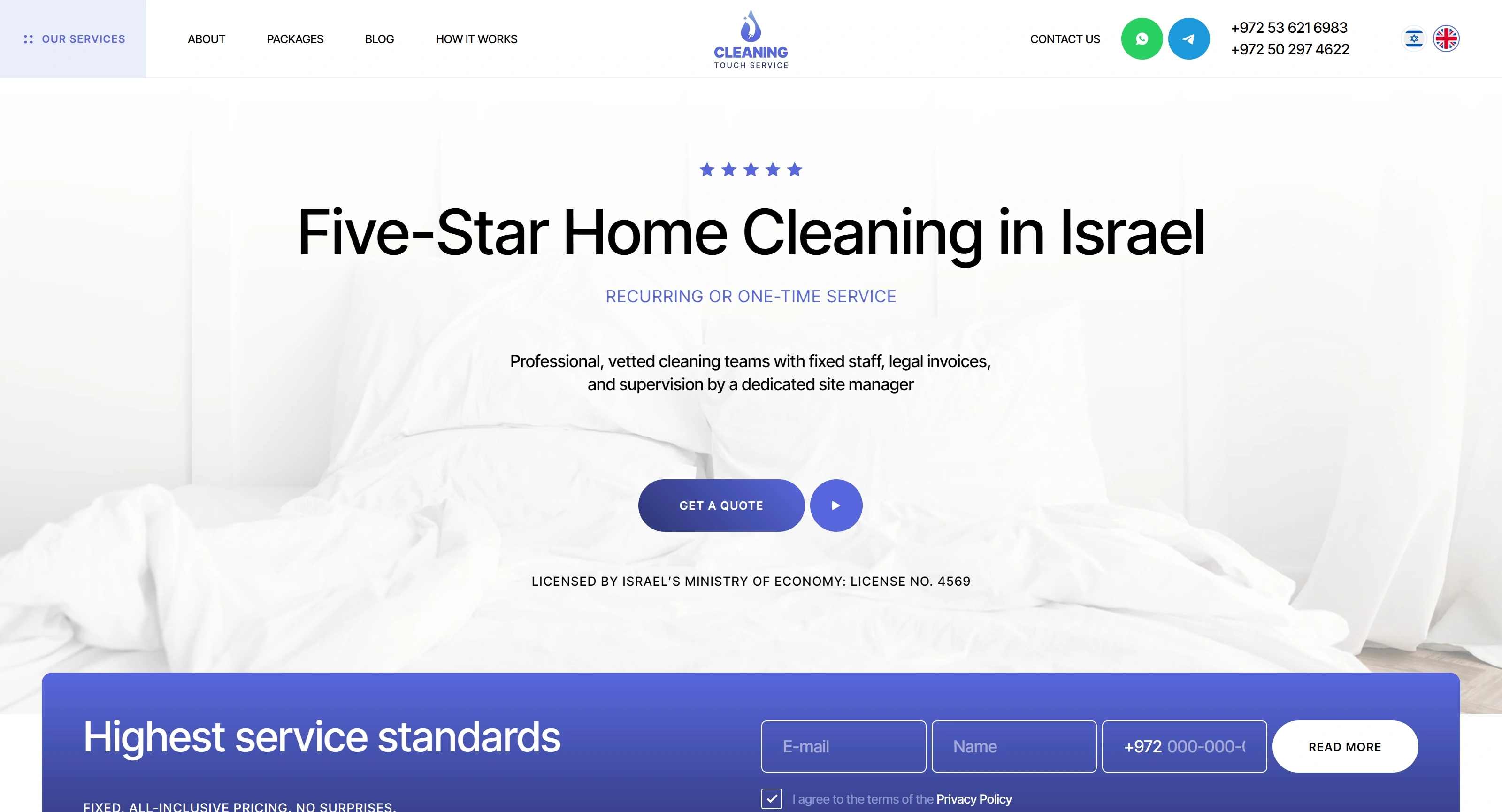 Cleaning Touch Service Секция «Первый экран» с сайта https://cleaningtouchservice.co.il/en, тематика — Бизнес и профессиональные услуги, цвета — Белый, Серый, Синий, стиль — Корпоративный, Минимализм, типографика — Без засечек