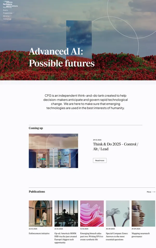 Главная Centre for Future Generations, тематика — Некоммерческая деятельность, цвета — Белый, Серый, стиль — Корпоративный, типографика — С засечками, Без засечек