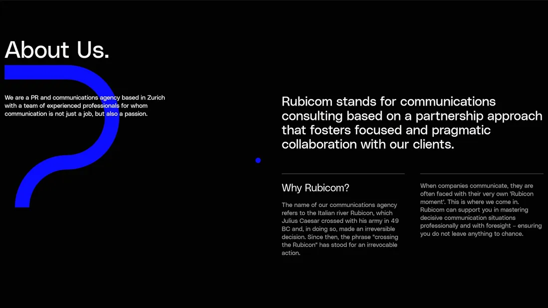 Секция «О компании» с сайта https://rubicom.ch/en/, тематика — Бизнес и профессиональные услуги, цвета — Черный, стиль — Корпоративный, Минимализм, типографика — Без засечек