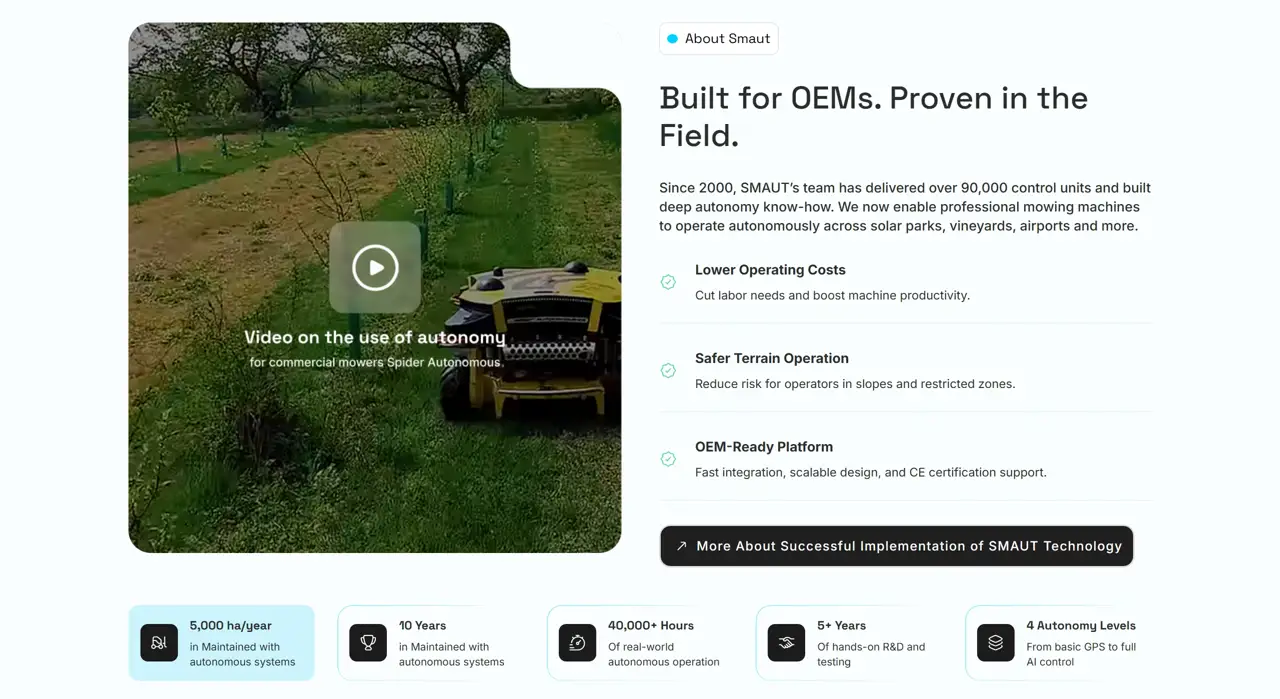 Секция «О компании» с сайта https://smaut.tech/, тематика — IT и программное обеспечение, цвета — Белый, Черный, стиль — Корпоративный, Минимализм, типографика — Без засечек