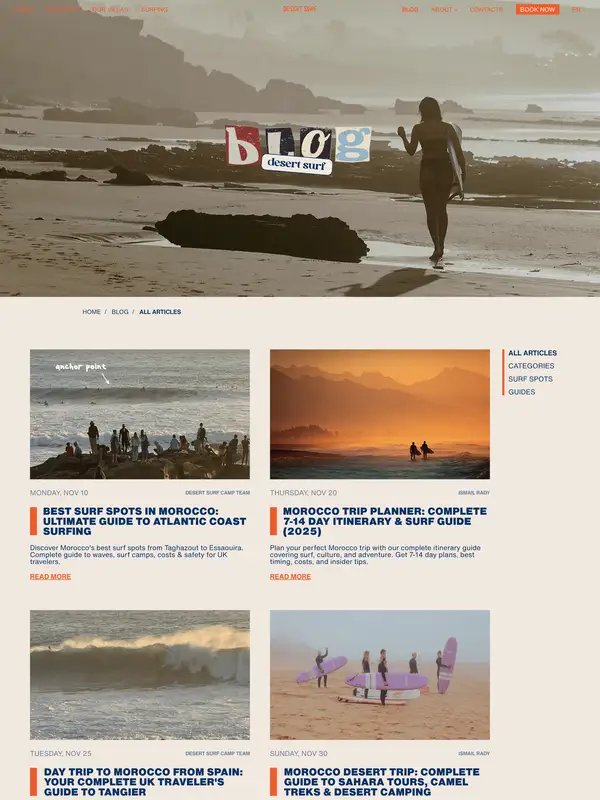 Блог Desert Surf Camp, тематика — Путешествия и туризм, цвета — Белый, Серый, стиль — Карточный, Органический и природный, типографика — Без засечек, Декоративные