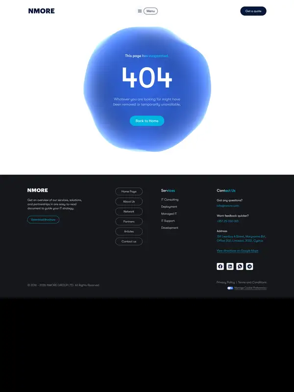 404-страница Nmore Group, тематика — IT и программное обеспечение, цвета — Черный, Синий, стиль — Корпоративный, Минимализм, типографика — Без засечек