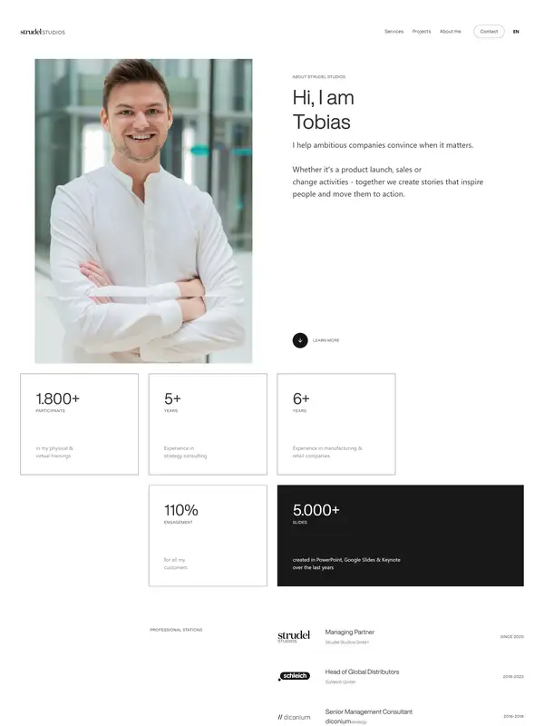 Страница о компании Strudel Studios, тематика — Дизайн, цвета — Белый, Черный, Серый, стиль — Корпоративный, Минимализм, типографика — Без засечек