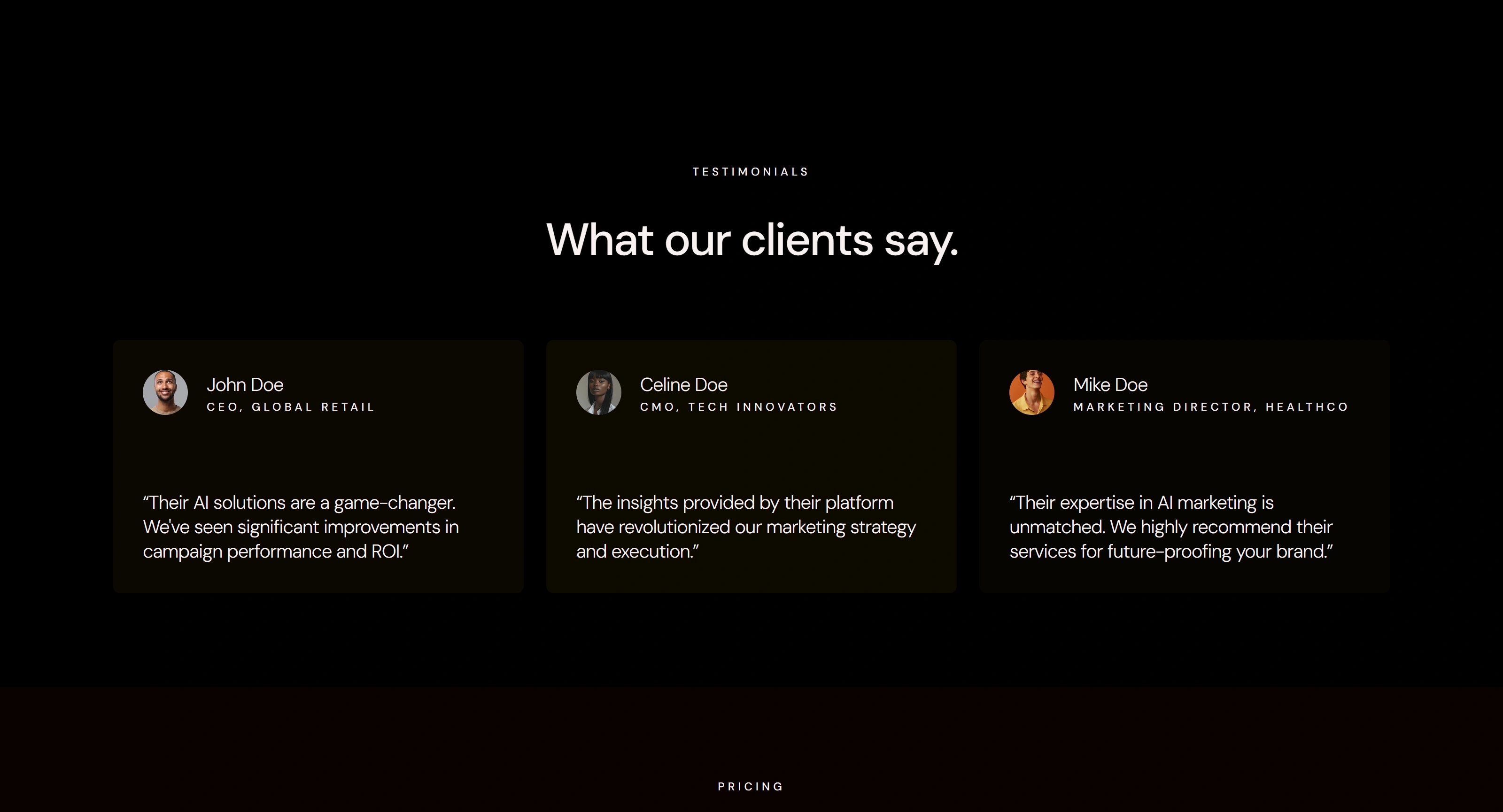 Creative Marketing Agency Секция «Отзывы» с сайта https://creativemarketing.peachweb.io/, тематика — Агентство , цвета — Черный, стиль — Карточный, Минимализм, типографика — Без засечек