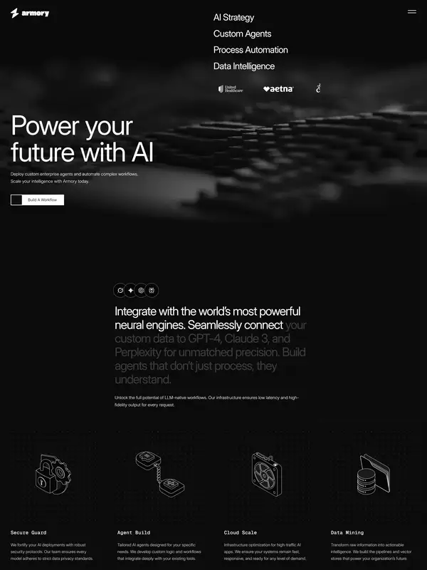 Лендинг Armory AI, тематика — SaaS, цвета — Белый, Черный, стиль — Корпоративный, Минимализм, типографика — Без засечек