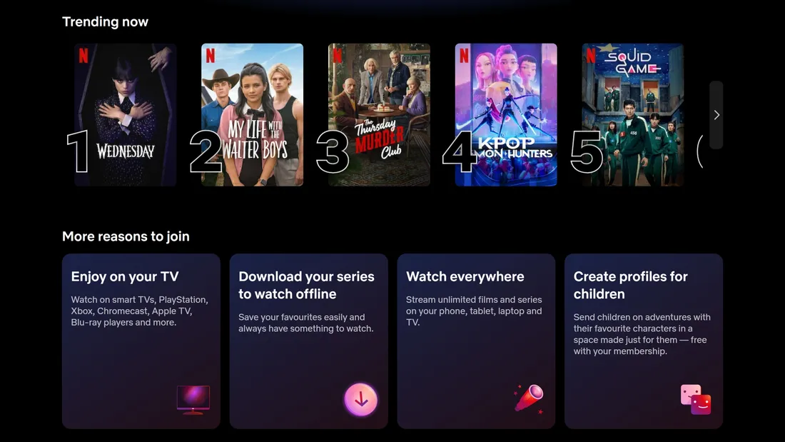 Секция «Призыв к действию» с сайта https://www.netflix.com/nl-en/, тематика — Развлечения, цвета — Черный, стиль — Корпоративный, типографика — Без засечек