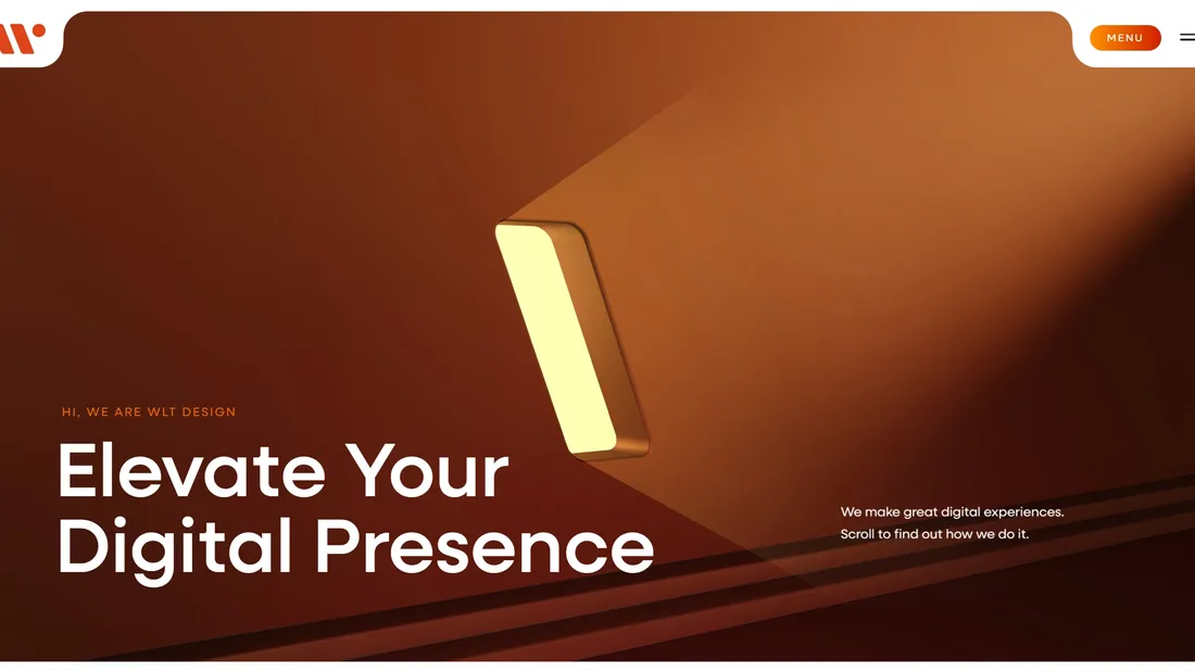 Секция «Первый экран» с сайта https://wlt.design/, тематика — Агентство , цвета — Черный, Коричневый, стиль — Корпоративный, Полигональный, типографика — Без засечек