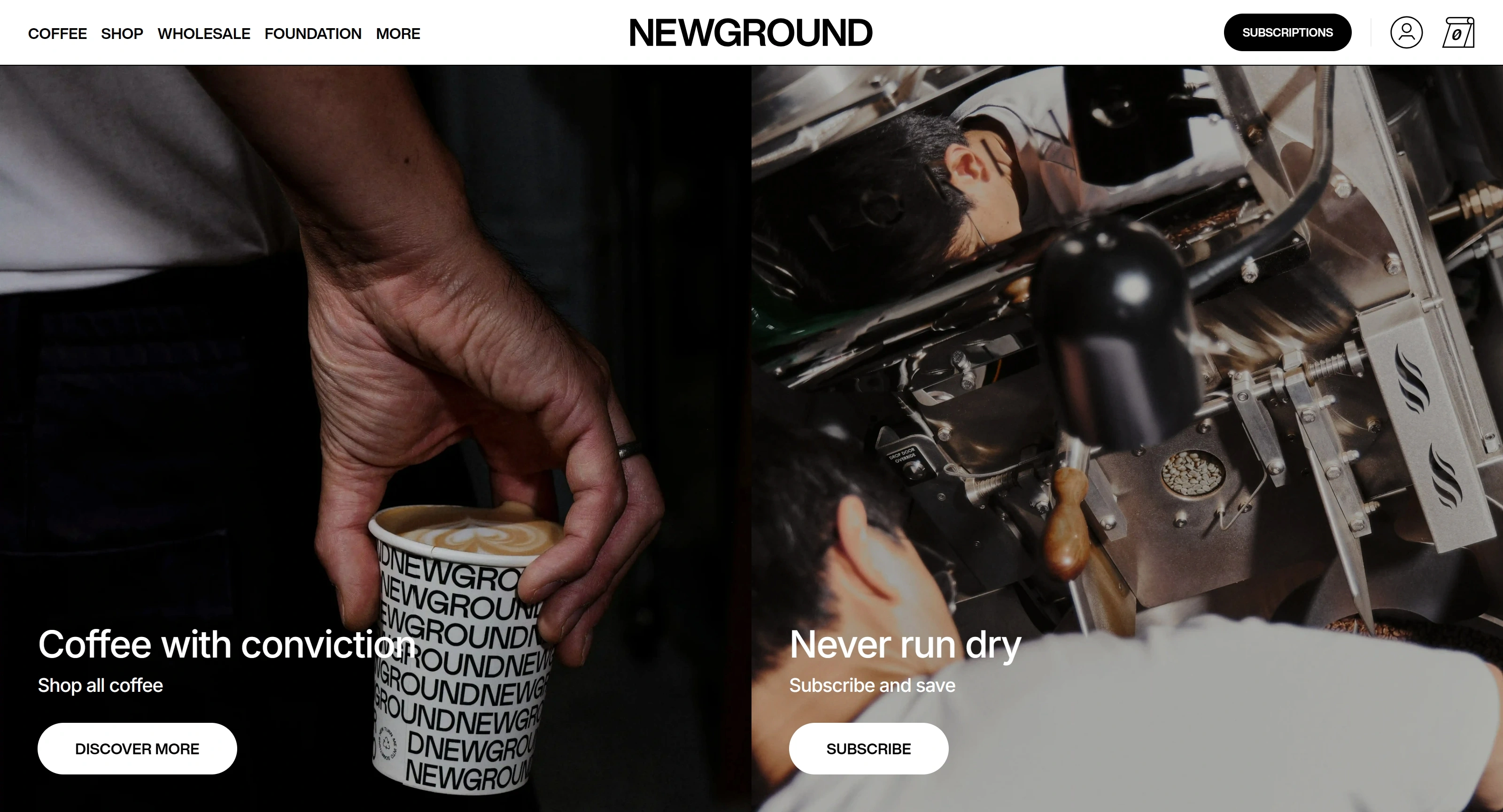 NewGround Coffee Секция «Первый экран» с сайта https://www.newgroundcoffee.com/, тематика — Еда и напитки, цвета — Черный, Серый, стиль — Минимализм, типографика — Без засечек