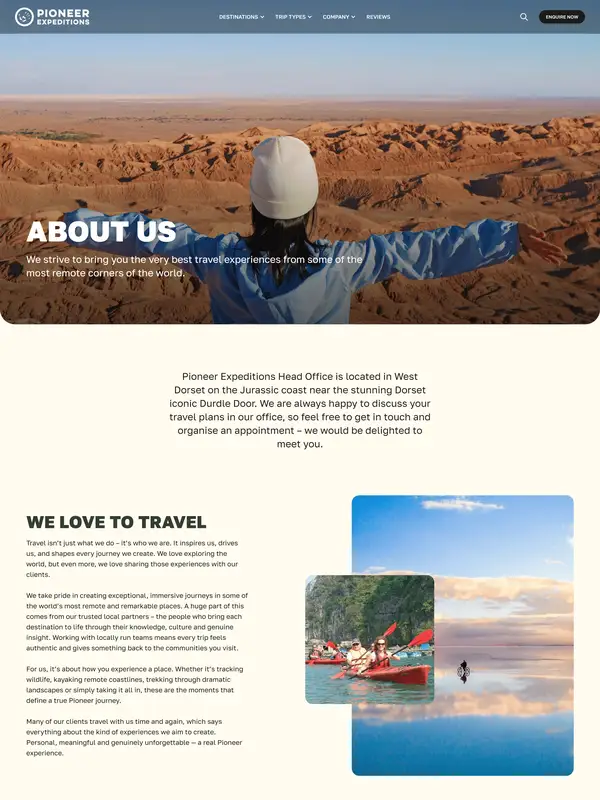 Страница о компании Pioneer Expeditions, тематика — Путешествия и туризм, цвета — Белый, Черный, Серый, стиль — Корпоративный, Органический и природный, типографика — Без засечек