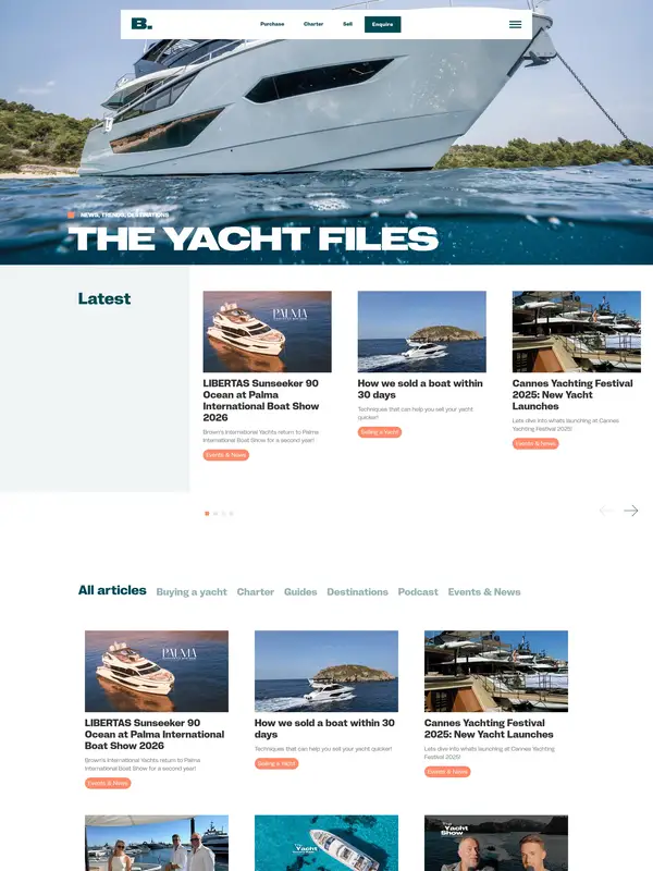 Блог Brown's International Yachts, тематика — Другое, цвета — Белый, Серый, стиль — Корпоративный, Карточный, типографика — Без засечек, Декоративные