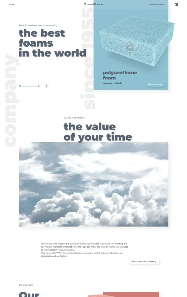 Страница о компании Gommagomma, тематика — Производство, цвета — Белый, стиль — Корпоративный, Минимализм, типографика — Без засечек