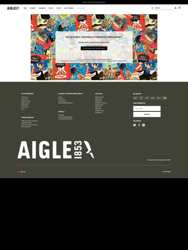 404-страница Aigle, тематика — Одежда, цвета — Белый, Черный, Серый, стиль — Корпоративный, Ретро, типографика — Без засечек, Декоративные