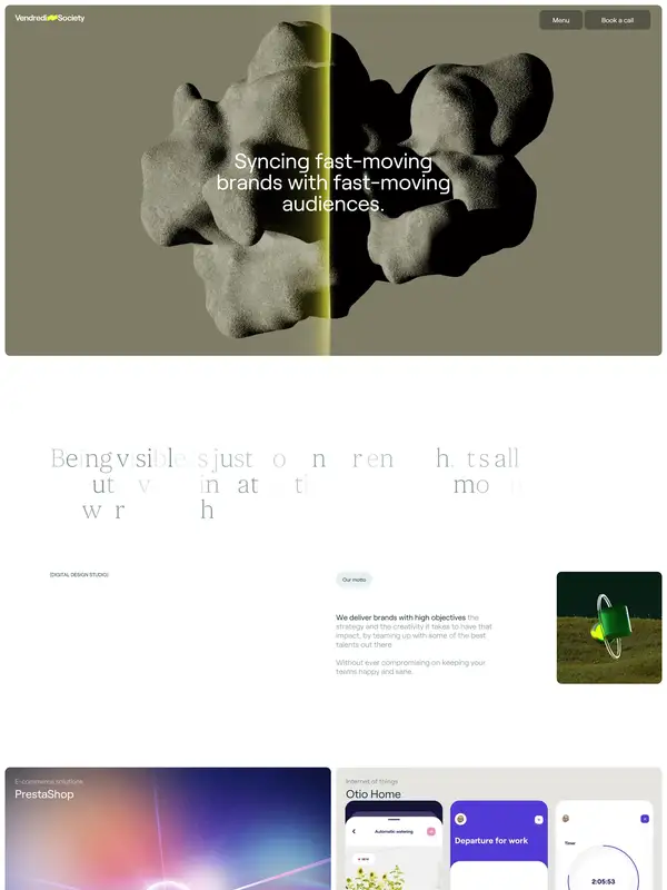 Главная Vendredi Society, тематика — Агентство , цвета — Белый, Черный, Серый, стиль — Минимализм, Брутализм, типографика — Без засечек, Декоративные