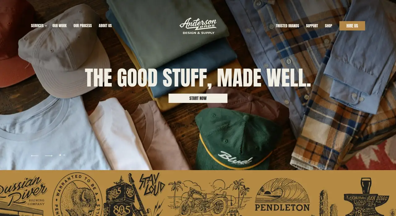 Секция «Первый экран» с сайта https://andersonsupply.com/, тематика — Агентство , цвета — Черный, Серый, Коричневый, стиль — Классический, типографика — Рукописные, Декоративные