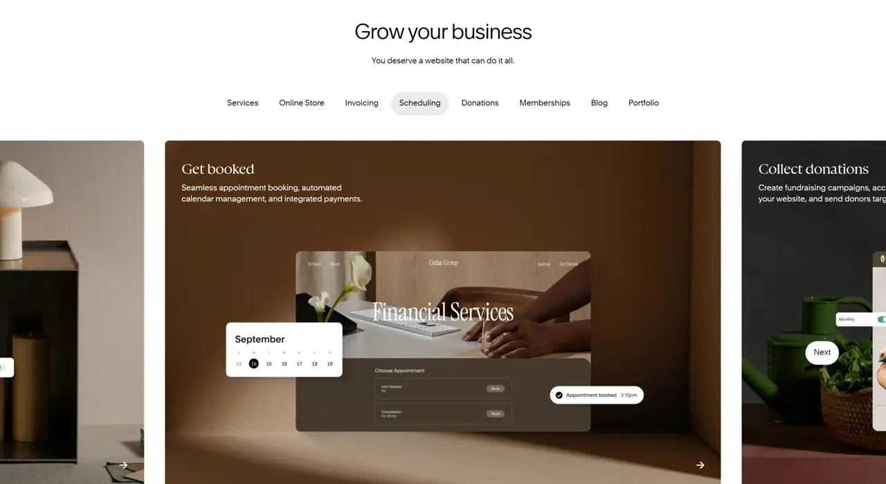 Секция «Услуги» с сайта https://www.squarespace.com/, тематика — SaaS, цвета — Черный, Серый, Коричневый, стиль — Корпоративный, Минимализм, типографика — Без засечек