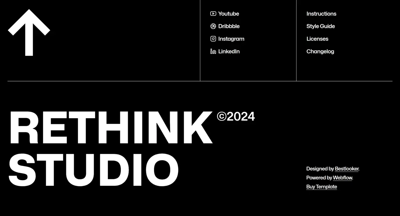 Секция «Футер» с сайта https://studio-rethink.webflow.io/, тематика — Дизайн, цвета — Черный, стиль — Минимализм, Типографика, типографика — Без засечек, Декоративные