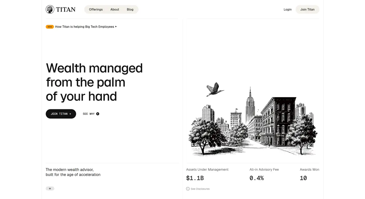 Секция «Первый экран» с сайта https://www.titan.com/, тематика — Финансы, цвета — Белый, Черный, Серый, стиль — Минимализм, типографика — Без засечек