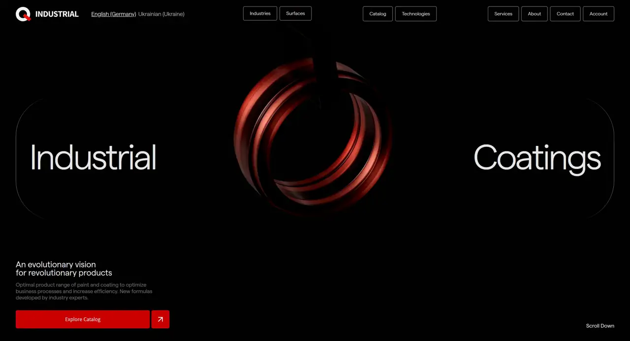 Секция «Первый экран» с сайта https://www.q-industrial.com/en-de, тематика — Производство, цвета — Черный, стиль — Корпоративный, Минимализм, типографика — Без засечек