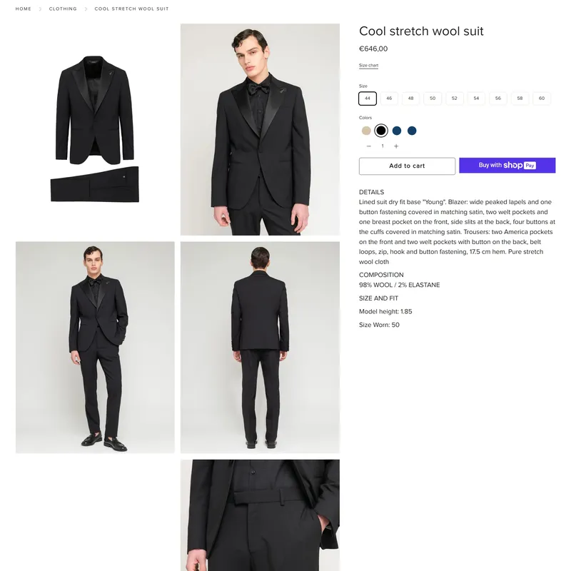 Секция «Товары» с сайта https://paoloni.it/en, тематика — Интернет-магазин, Одежда, цвета — Белый, Черный, стиль — Классический, Минимализм, типографика — Без засечек