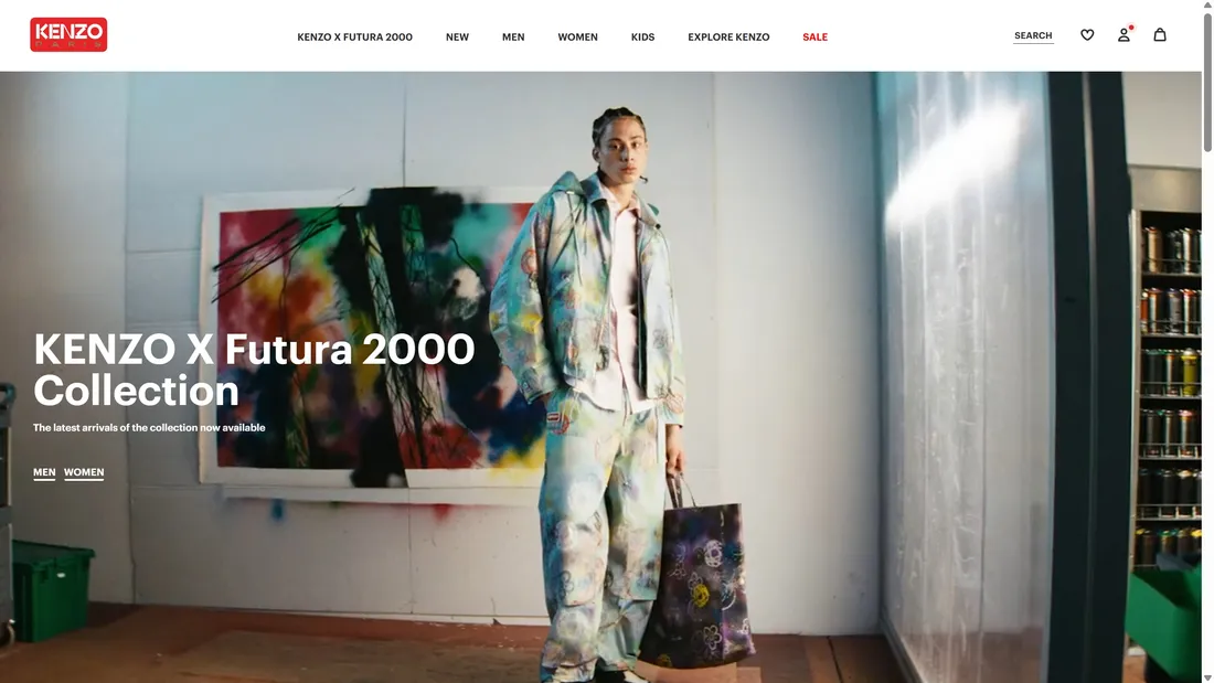 Секция «Первый экран» с сайта https://www.kenzo.com/en-nl/home, тематика — Интернет-магазин, Одежда, цвета — Белый, Черный, Серый, стиль — Корпоративный, Фестивальный, типографика — Без засечек