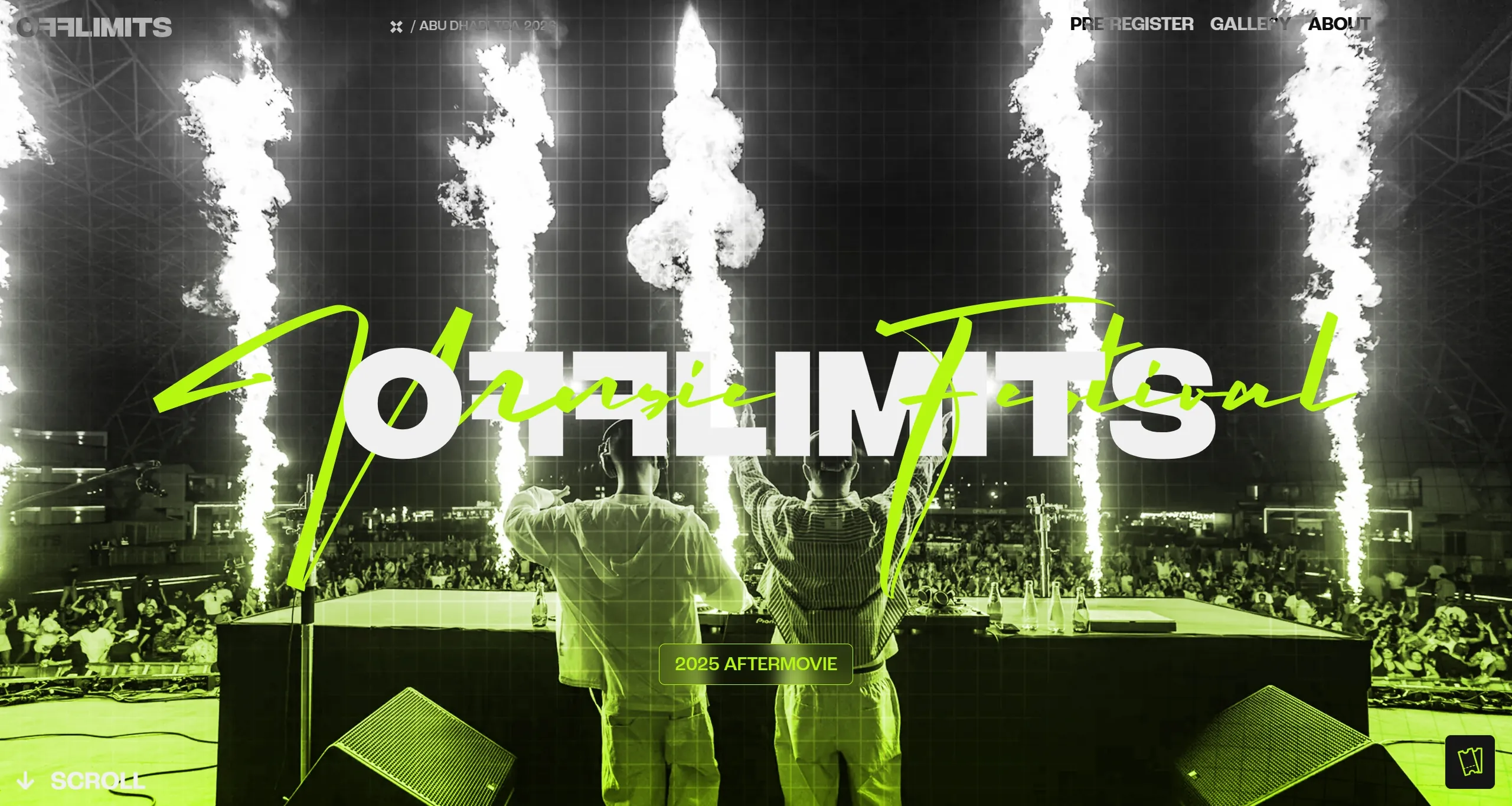 Секция «Первый экран» с сайта https://www.offlimits.com/, тематика — Мероприятия, Музыка, цвета — Белый, Черный, Серый, стиль — Фестивальный, типографика — Без засечек, Рукописные