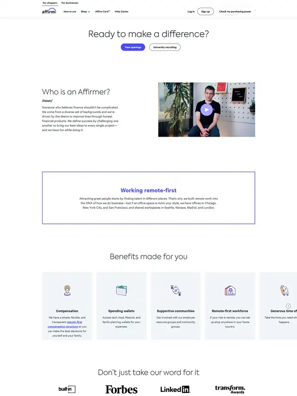Страница карьеры Affirm, тематика — Финансы, цвета — Белый, стиль — Корпоративный, Минимализм, типографика — Без засечек