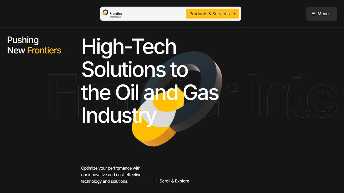 Секция «Первый экран» с сайта https://frontier.art-performance.com/, тематика — Бизнес и профессиональные услуги, Строительство, цвета — Черный, стиль — Корпоративный, Минимализм, типографика — Без засечек