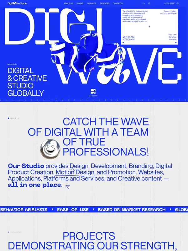 Портфолио DigiWave Studio, тематика — Дизайн, цвета — Белый, Серый, Синий, стиль — Корпоративный, Брутализм, типографика — Без засечек, Декоративные