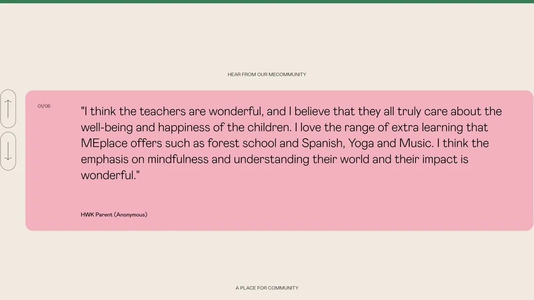 Секция «Отзывы» с сайта https://www.meplace.co/, тематика — Образование, цвета — Белый, Розовый, стиль — Минимализм, типографика — Без засечек