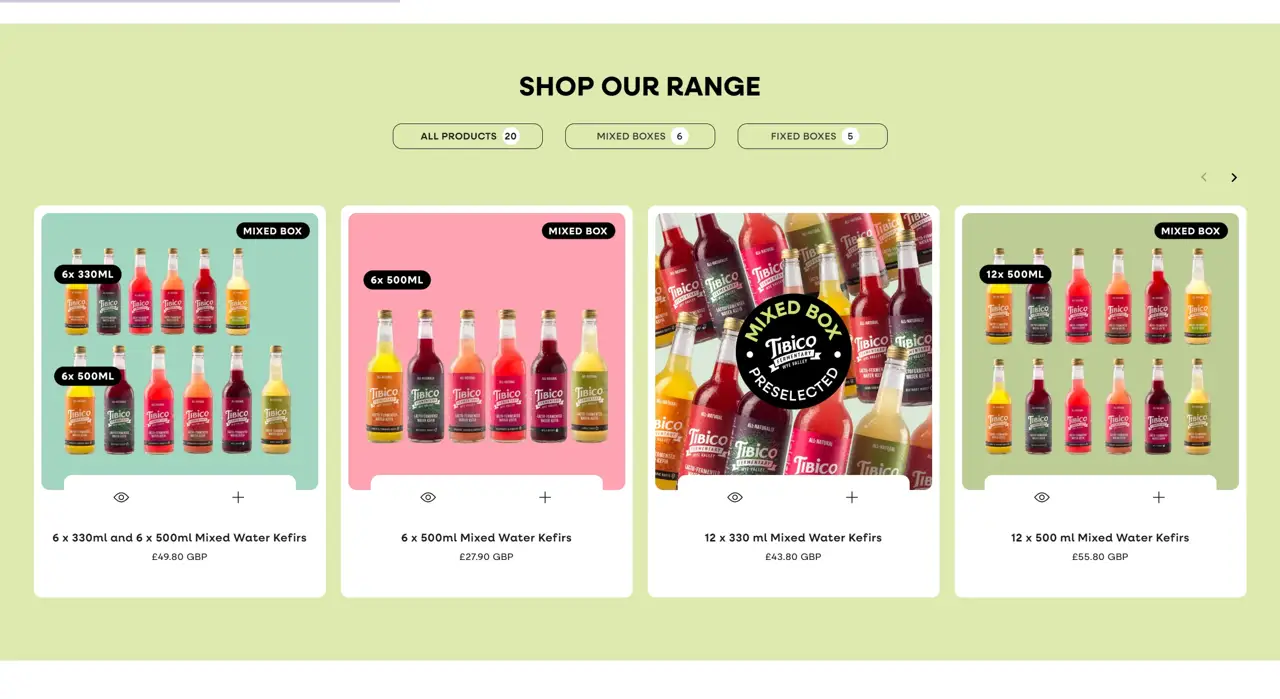 Секция «Товары» с сайта https://www.tibicohealth.com/, тематика — Еда и напитки, цвета — Белый, Серый, стиль — Карточный, Минимализм, типографика — Без засечек