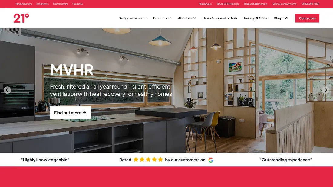 Секция «Первый экран» с сайта https://www.21degrees.com/, тематика — Строительство, цвета — Белый, Черный, Серый, Красный, стиль — Корпоративный, Минимализм, типографика — Без засечек