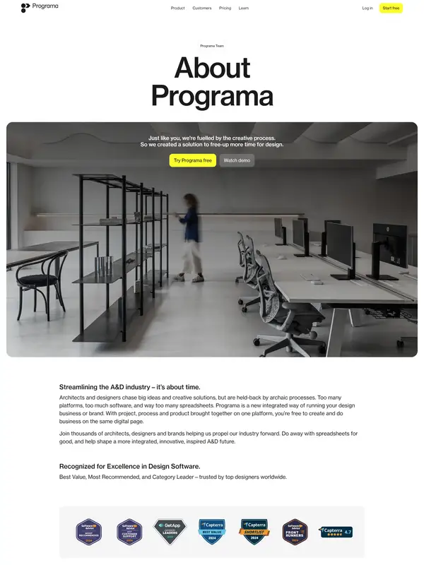 Страница о компании Programa, тематика — SaaS, цвета — Белый, Черный, Серый, стиль — Корпоративный, Минимализм, типографика — Без засечек
