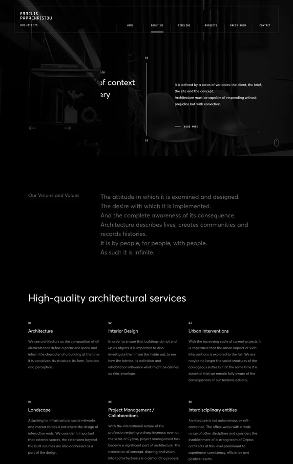 Страница о компании Eraclis Papachristou, тематика — Дизайн, цвета — Черный, Серый, стиль — Корпоративный, Минимализм, типографика — Без засечек