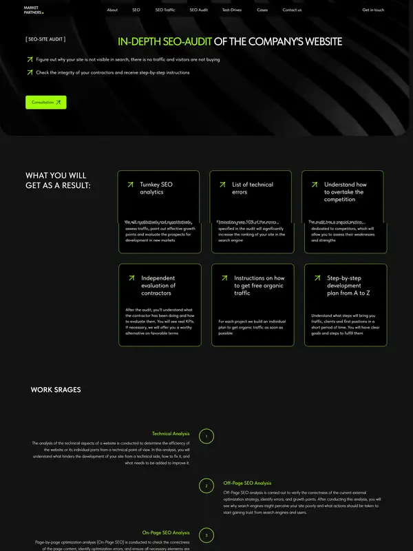 Лендинг MARKET PARTNERS, тематика — Маркетинг, цвета — Черный, стиль — Корпоративный, Минимализм, типографика — Без засечек, Декоративные