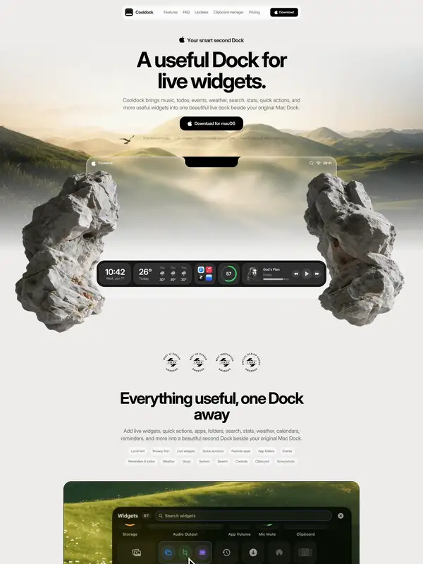 Лендинг Cooldock, тематика — SaaS, цвета — Белый, Черный, Серый, стиль — Минимализм, Органический и природный, типографика — Без засечек