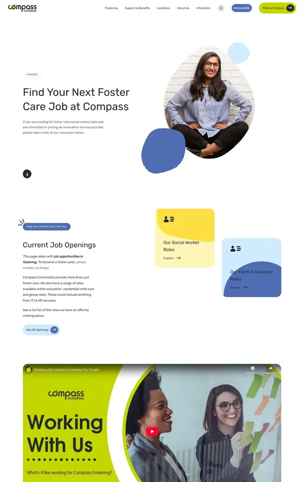 Страница карьеры Compass Fostering, тематика — Некоммерческая деятельность, HR, цвета — Белый, Желтый, стиль — Корпоративный, типографика — Без засечек