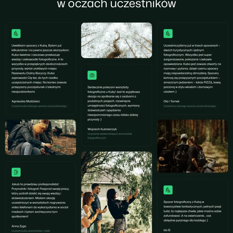 Секция «Отзывы» с сайта https://www.jakubwencek.pl/, тематика — Путешествия и туризм, цвета — Черный, стиль — Корпоративный, типографика — Без засечек