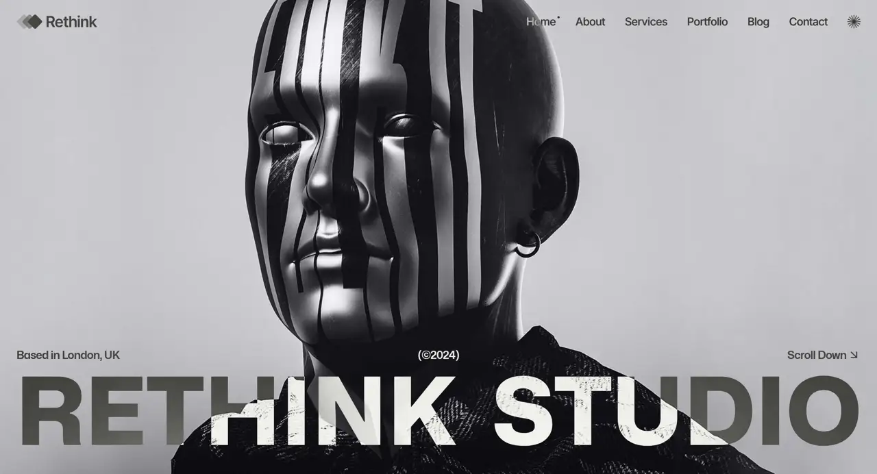 Секция «Первый экран» с сайта https://studio-rethink.webflow.io/, тематика — Дизайн, цвета — Белый, Черный, Серый, стиль — Минимализм, Брутализм, типографика — Без засечек, Декоративные